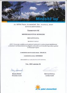 Nuclear Power Plant PAKS, Hungary, Certificate